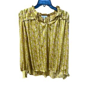 Maison d'Amélie Paris Mustard Yellow Floral Ruffle Tie Neck Blouse Size L